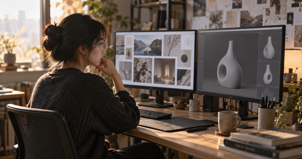 3D 아티스트가 이미지 레퍼런스와 회색 3D 블로킹을 비교하는 작업실