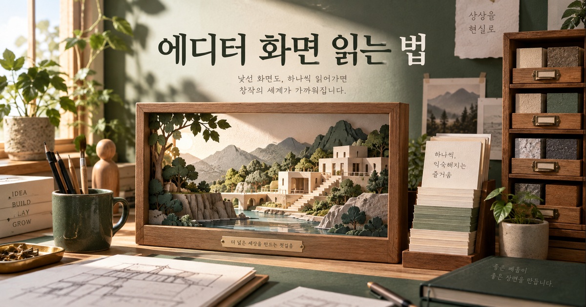 에디터 작업 공간을 상징하는 모형과 정리함