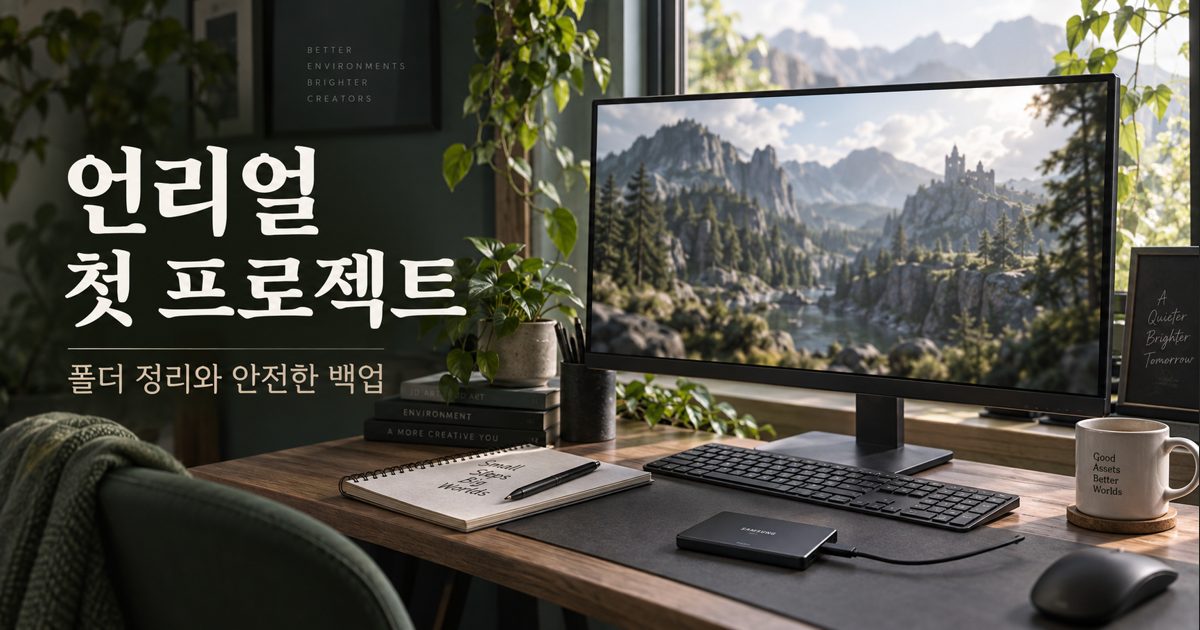 3D 작업용 모니터와 외장 저장장치로 폴더 정리와 백업을 표현한 설명용 생성 이미지