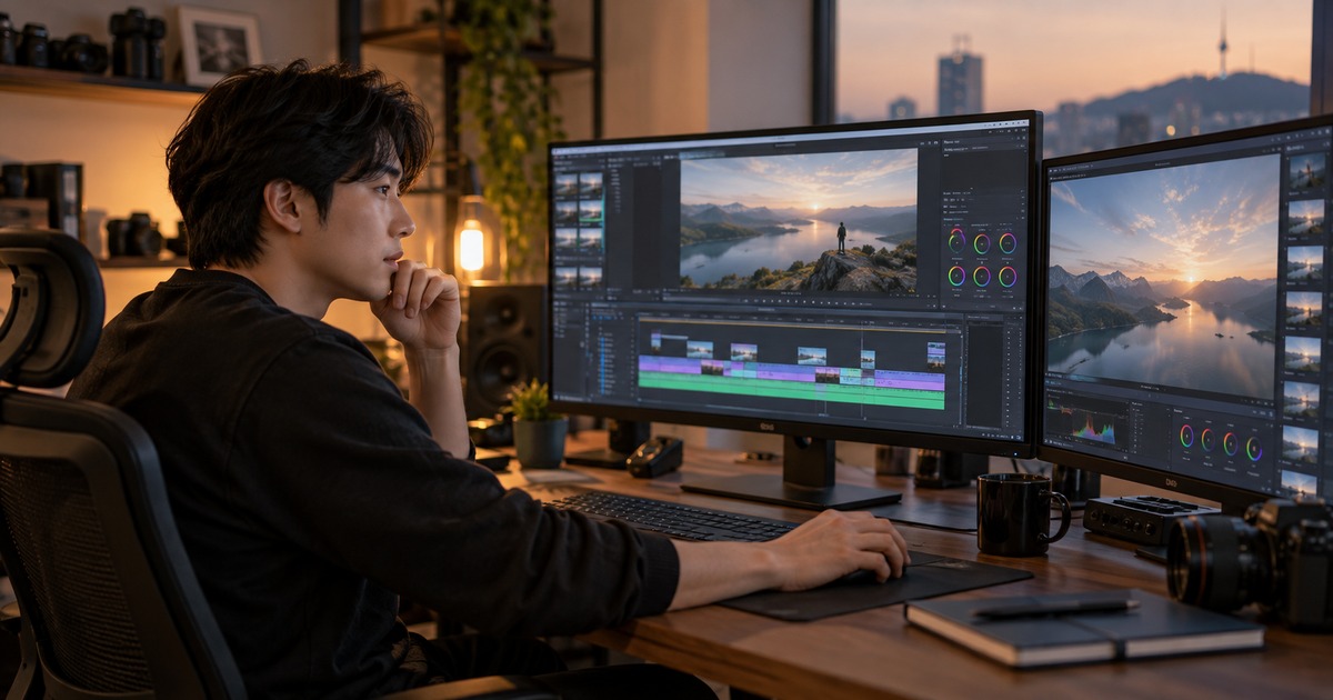 납품 전 최종 영상을 검토하는 편집자